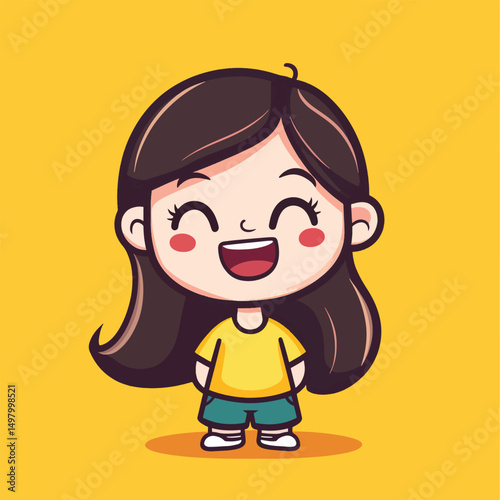 Cartoon girl with dark hair yellow shirt and teal shorts smiling happily