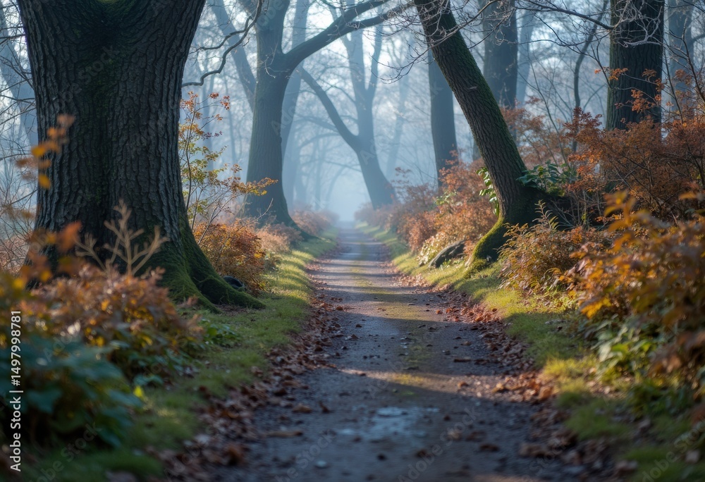 Fototapeta premium Serene forest path surrounded by autumn foliage and misty atmosphere