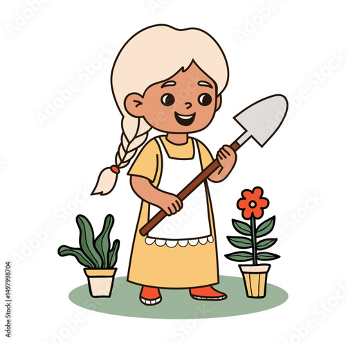 Cute happy blonde girl farmer. Kid character Gardener with garden tool shovel and flowerpot flower. Colored hand drawing. Vector illustration