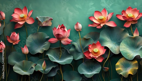 Vibrant lotus flowers in teal backdrop