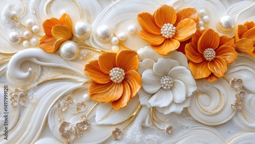 Ornate white backdrop with orange & white flowers, pearls, and gold details