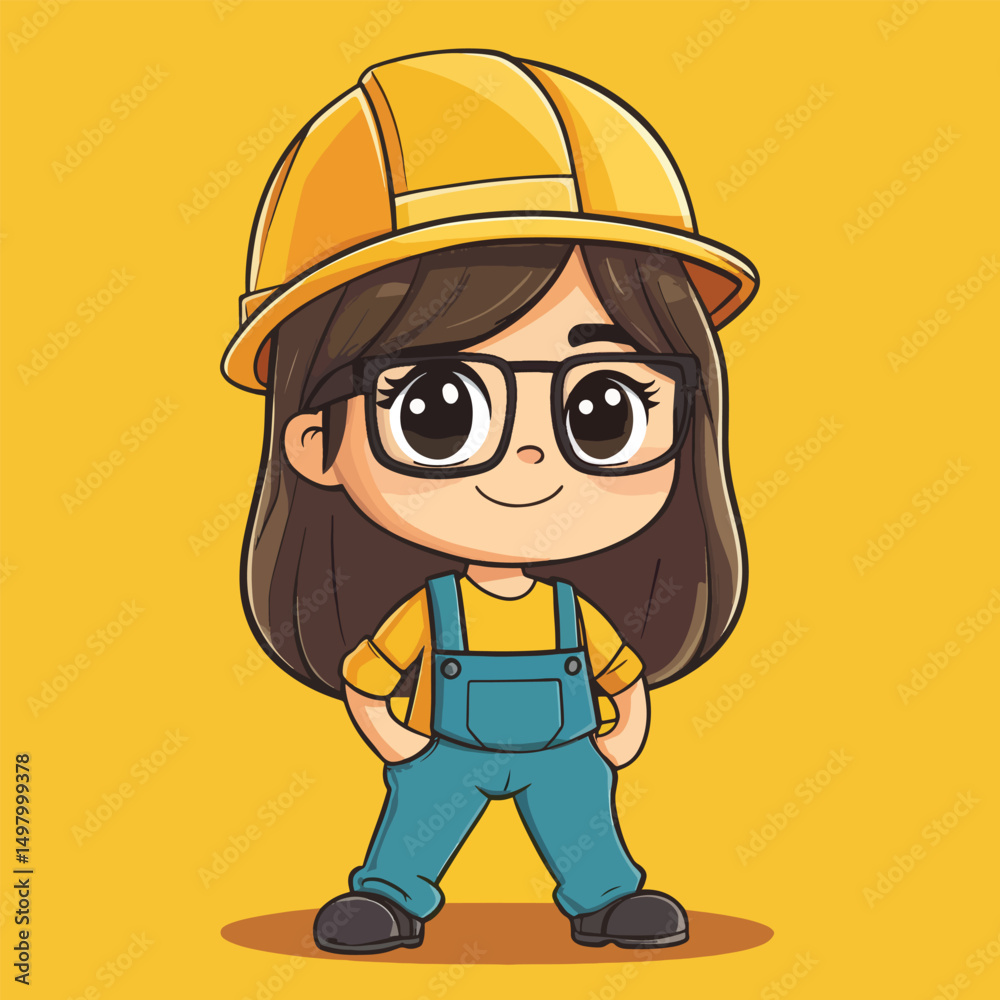 Fototapeta premium Cartoon girl with hardhat overalls and glasses standing confidently