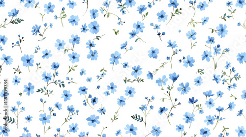 Seamless pattern with Blue flowers, Blue flowers watercolor background