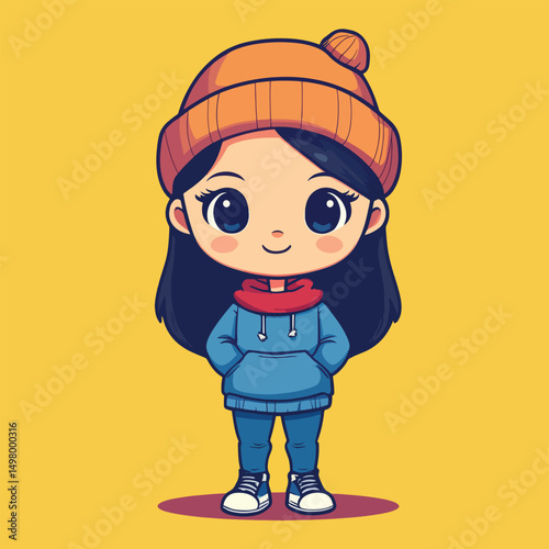 Cartoon girl with orange beanie blue hoodie and big expressive eyes