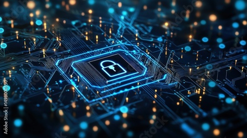 Digital Circuit Board with Glowing Blue Lock Icon Representing Cybersecurity Concept