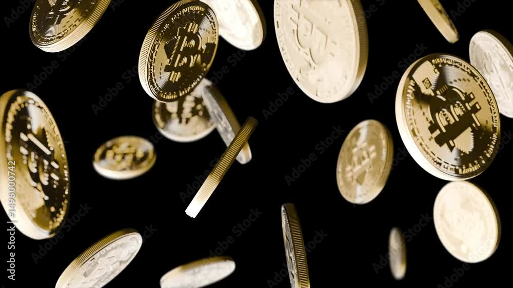 Golden bitcoins swirl on black background. 4k, slow motion.