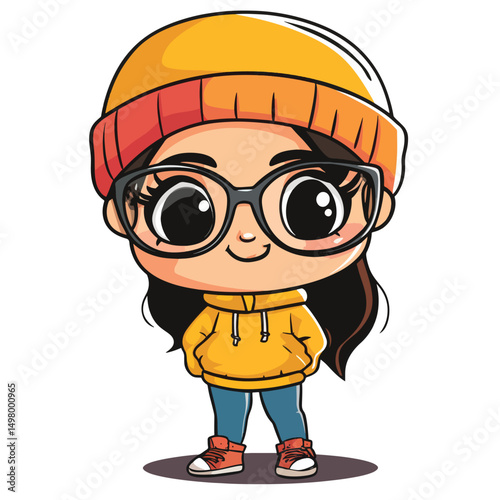 Cartoon Girl with Oversized Glasses Yellow Hoodie and Beanie