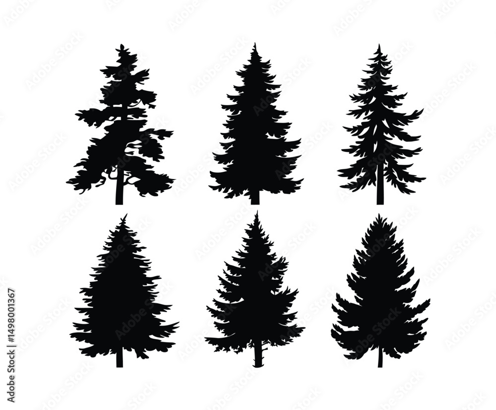 Pine Tree Silhouette Collection on White Background Pine Tree Silhouette Collection on White Background