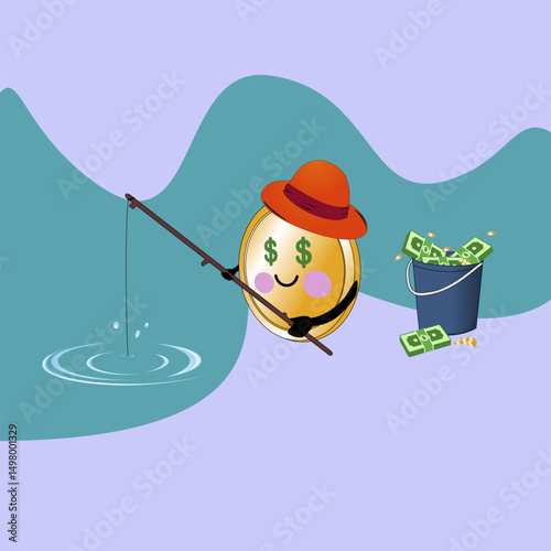 Coin Character patiently collect money, saving illustration, doing business from small business, Vector illustration