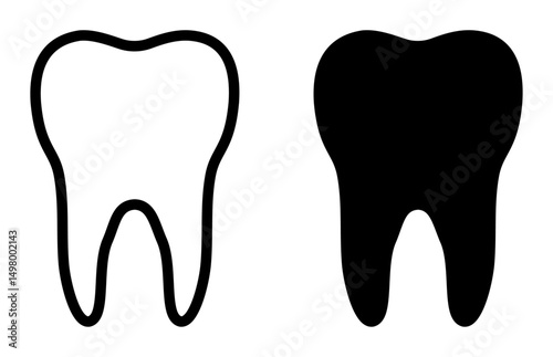 Vector illustration of a tooth outline and filled tooth icon side by side. Simple dental care symbol set for medical, orthodontic, or clinic use. Isolated on white background. Icons, vector.