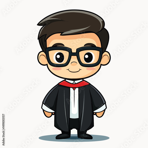Cartoon Graduate with Glasses and Academic Robes Smiling Cheerfully