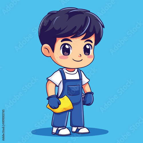 Cartoon handyman with dark hair wearing blue overalls and yellow cloth