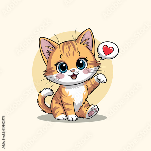 Cute Cartoon Orange Tabby Kitten with Big Blue Eyes and Heart Speech Bubble Vector Illustration