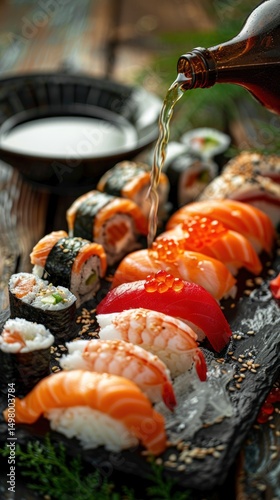 Sushi platter poured with beer on rustic wood