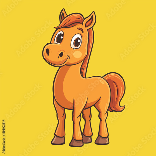 Cartoon Horse with Brown Mane and Tail Standing with a Cheerful Expression