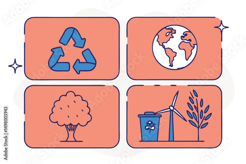 Illustrated icons representing environmental conservation with recycling renewable energy and earth concepts