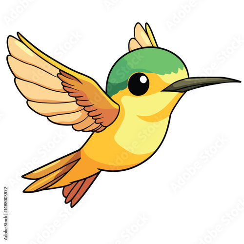 Cartoon Hummingbird in Flight with Detailed Wings and Green Head
