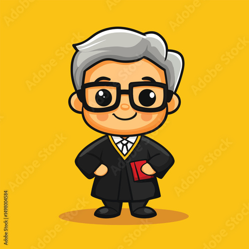 Cartoon Judge Character with Gray Hair Black Robe and Red Book