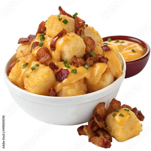 Savory cheesy tater tots topped with crunchy bacon bits, an indulgent snack ideal for sharing or serving as a flavorful party appetizer.