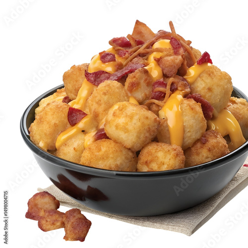 Savory cheesy tater tots topped with crunchy bacon bits, an indulgent snack ideal for sharing or serving as a flavorful party appetizer.