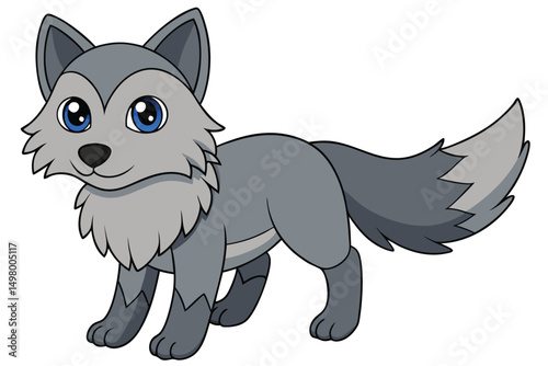 Cartoon Gray Wolf with Big Blue Eyes Standing Calmly and Looking Ahead