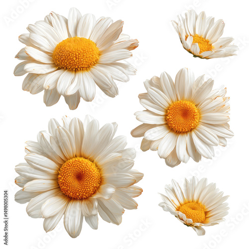 Five pristine white daisies with yellow centers, presented in various angles against a black background, showcasing their delicate petals and vibrant hues