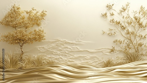 Fototapeta Naklejka Na Ścianę i Meble -  Golden relief wall decor, trees and hills