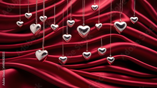 Crimson Hearts: Silver hearts suspended against a luxurious backdrop of deep crimson fabric, a romantic composition symbolizing love, passion, and connection.