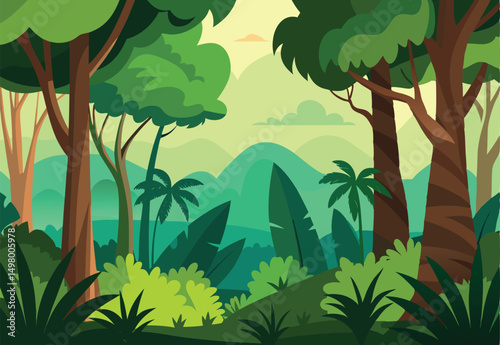 A jungle with a forest tree and mountains vector illustration.
