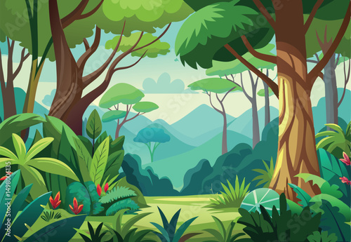 A jungle with a forest tree and mountains vector illustration.