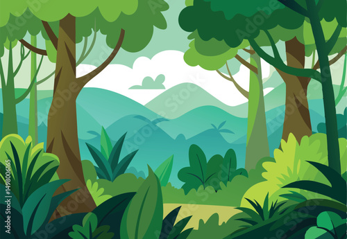 A jungle with a forest tree and mountains vector illustration.