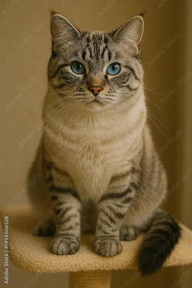 Obraz premium Beautiful purebred Ragdoll cat lounges in a cozy, well-decorated home, showcasing its soft fur, striking blue eyes, and calm, affectionate demeanor.