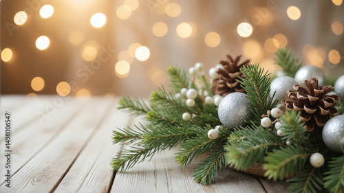 Festive Christmas Wreath with Pine Cones and Silver Ornaments on Wooden Table - Perfect for Holiday Shopping Deals Promotions and Seasonal Discount Advertisements