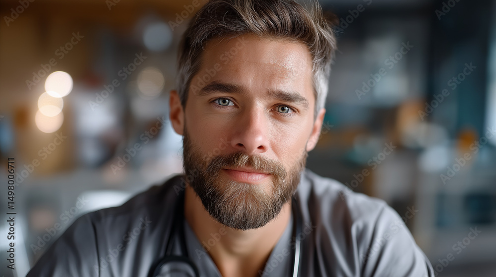 Naklejka premium Confident young medical professional looks directly at the camera, radiating trust, competence, and warmth in a modern healthcare setting.