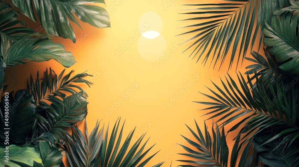 Obraz premium Tropical leaves frame, yellow background, sunlit, flat lay