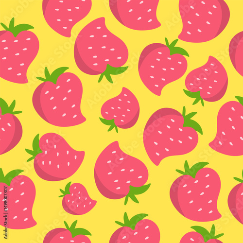 Bright seamless pattern with juicy strawberries on a yellow background. Summer berry strawberry background.