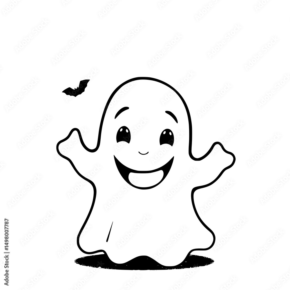 Fototapeta premium Happy Ghost: A cheerful monochrome illustration depicts a smiling ghost with outstretched arms, accompanied by a small bat, creating a playful Halloween vibe.