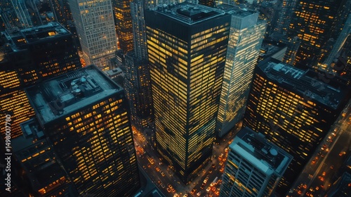 Aerial view of glowing skyscrapers in a dense city at night.