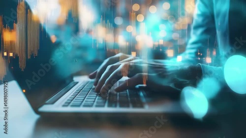 Typing on laptop for data analysis and digital transformation in technology and business strategy