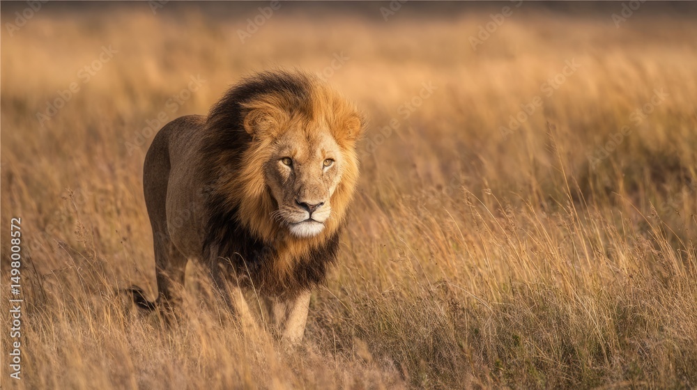 Fototapeta premium Majestic male lion walking through golden savanna grasses at sunrise or sunset.
