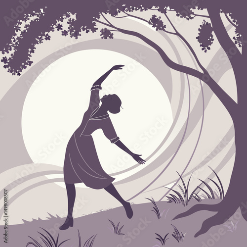 Dancing Silhouette Under the Moonlight: An elegant silhouette of a woman dancing gracefully beneath the enchanting light of the moon, embodying the serenity and freedom of a solitary moment.