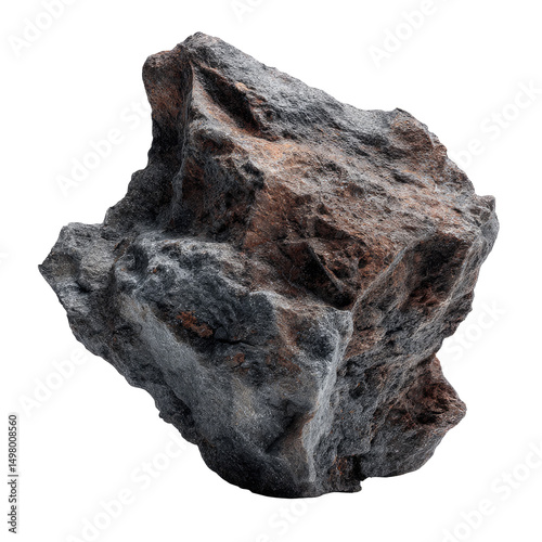 A dark gray and reddish-brown, irregularly shaped rock, seemingly volcanic in origin, is presented against a black background, showcasing its rough texture and varied coloration