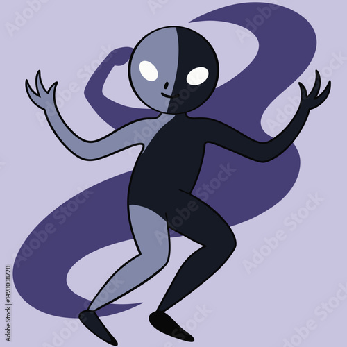 Shadow Figure Illustration: An intriguing illustration of a shadow-like figure, split in two tones, with an open-armed posture and enigmatic glowing eyes. A creative depiction of duality.