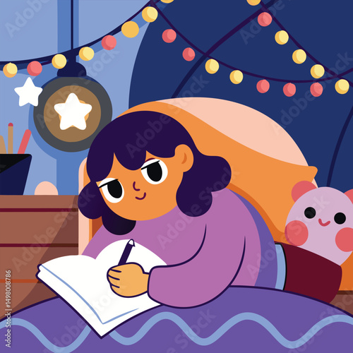 Dream Journaling: A young individual, nestled in a cozy bed, pens their thoughts in a dream journal, illuminated by the soft glow of fairy lights and a starlit ambience.