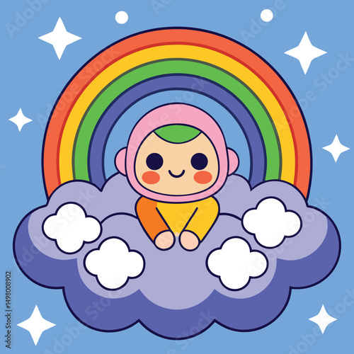 Cute Kid on Cloud Under Rainbow: A charming cartoon kid sits serenely on a fluffy cloud beneath a vibrant rainbow, set against a playful backdrop of stars.