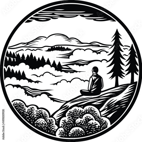 Mountaintop Meditation: A serene illustration of a person sitting in meditation on a mountaintop, overlooking a sea of clouds and distant mountains. The scene is depicted in a black and white.