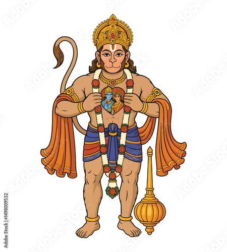 Divine Comic-Style Illustration of Lord Hanuman Revealing Rama and Sita