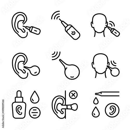 Hearing protection simple icons set. Ear canal cleaning icons collection. Essential icons representing various ear treatments and care, including cleaning and medication.