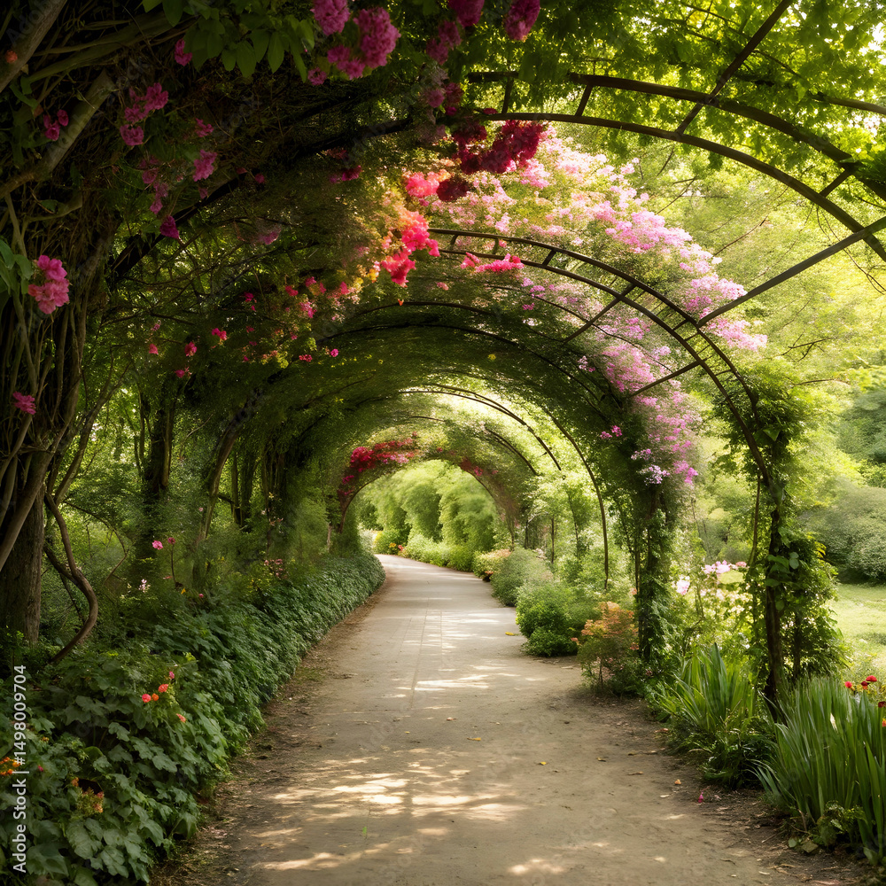 A charming footpath framed by a stunning arch of blooming flowers and lush greenery, inviting a peaceful walk A charming footpath framed by a stunning arch of blooming flowers and lush greenery, inviting a peaceful walk