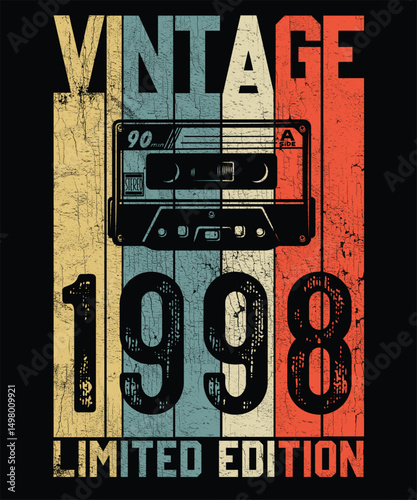 Vintage 1998 Limited Edition Retro T Shirt Design, Vector, Black Background